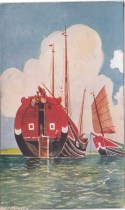 Old postcard Chinese sailboat colored Jinzhou