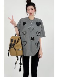 Fat mm spring and summer new design sense of love hot diamond hand-sewn love short-sleeved top loose and flesh-covering large size T-shirt trendy