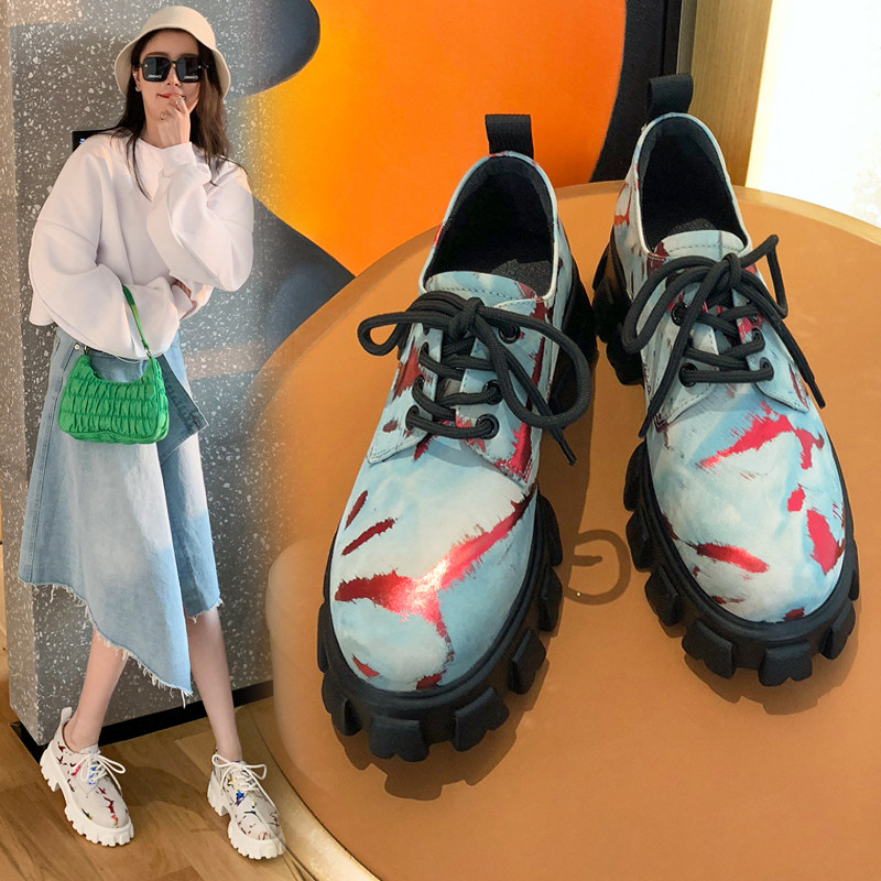 Muffin shoes Women's thick bottom 2022 Spring new genuine leather lacing 100 lap single shoes Inn wind printing high and casual
