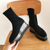 2021 autumn and winter new high-heeled thick-soled short boots leather velvet medium boots sponge cake thin boots slope heel stretch boots socks boots