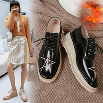 Plus velvet single shoes womens spring and autumn 2021 New Star shoes leather British style linen lace-up high heel pine cake shoes