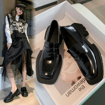 A pedal happy shoes women 2021 spring and autumn leather thick bottom high heel single shoes British style square head thick heel small leather shoes tide
