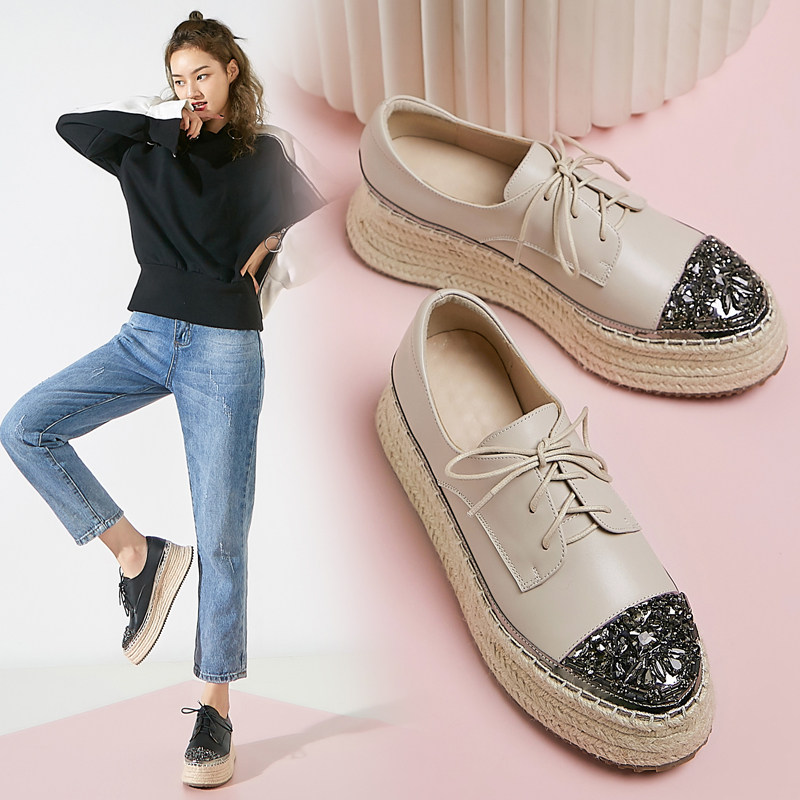 Thick Bottom Shoes Woman Pine Pastry Bottom 100 Hitch 2022 Spring Autumn New Inn Wind Single Shoes Genuine Leather Water Drill Hemp Up and Heightening Shoe Tide