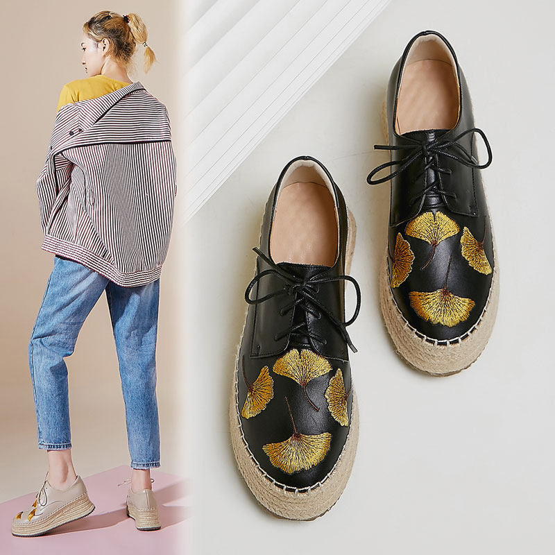 Hemp bottom thick bottom shoes women 2021 Europe and the United States spring and autumn new leather lace-up embroidered platform shoes Joker casual shoes