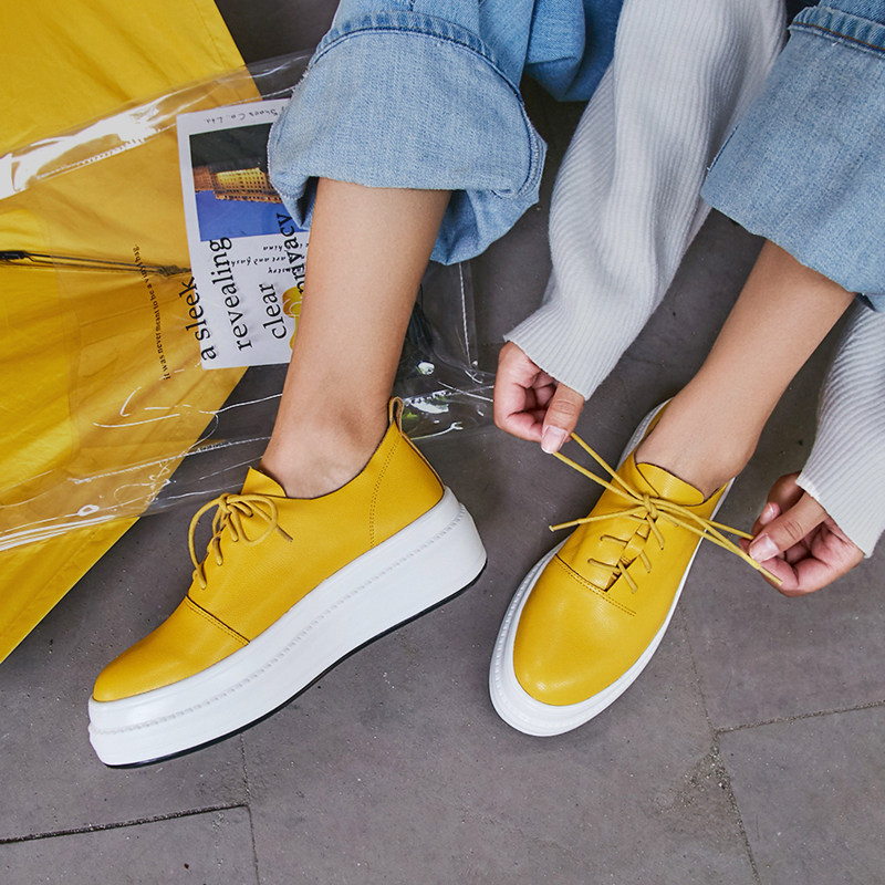 Thick Bottom Pine Pastry Shoes Woman Lacing Round Head Casual Shoes 2022 Spring Autumn New Genuine Leather Heightening Comfort 100 Hitch Plate Shoes