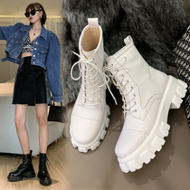Muffin White Martin boots female 2021 autumn and winter leather lace-up thick-soled short boots Joker casual round head locomotive single boots