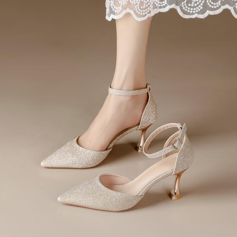 French Champagne-Colored Gold Wedding Shoes for Women, Suitable for Both Traditional Chinese Wedding Dresses and Western-Style Bridal Gowns, High Heels for Brides That Are Comfortable and Elegant with Thin Heels