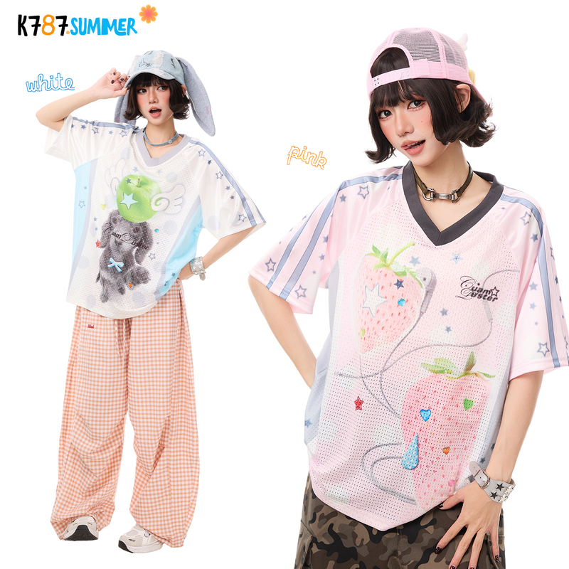 K787 Subculture Age-Reducing Strawberry Puppy Print Jersey-Style Top for Women, Breathable Hollow-Out Loose Short-Sleeve T-Shirt for Summer K787 Subculture Age-Reducing Strawberry Puppy Print Jersey-Style Top for Women, Breathable Hollow-Out Loose Short-Sleeve T-Shirt for Summer