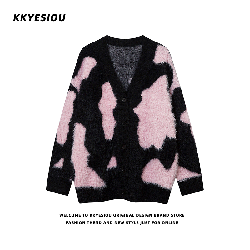K787 American Retro Black and Pink Color-Blocking Lazy Style Sweater Jacket Unisex College Style Faux Mohair Knit Cardigan