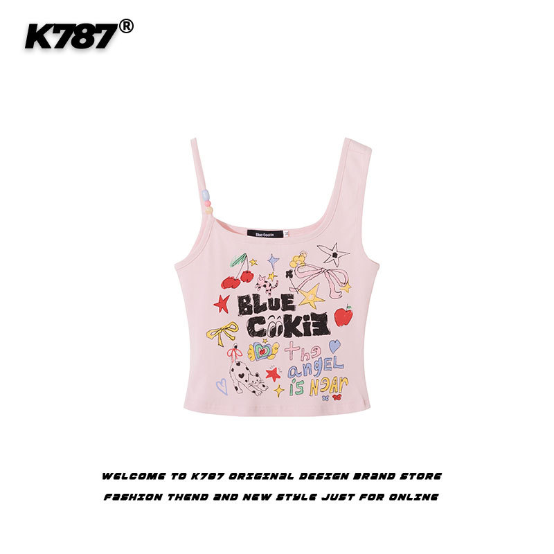 K787 Hot Girl Fun Cartoon Print Beaded Shoulder Strap Camisole Women's Sweet Cool Bm Light Asian Style Short Top Summer