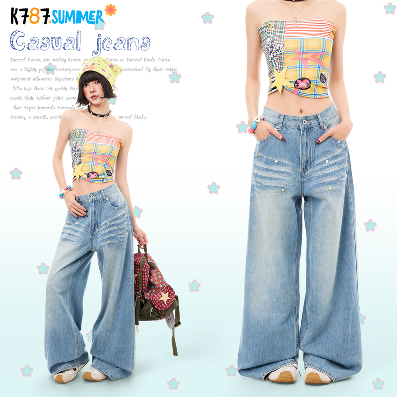 K787 Relaxed Fit Starfish Embroidery Rhinestone Water Ripple Denim Casual Pants Women's Loose Trendy Straight Wide-Leg Pants