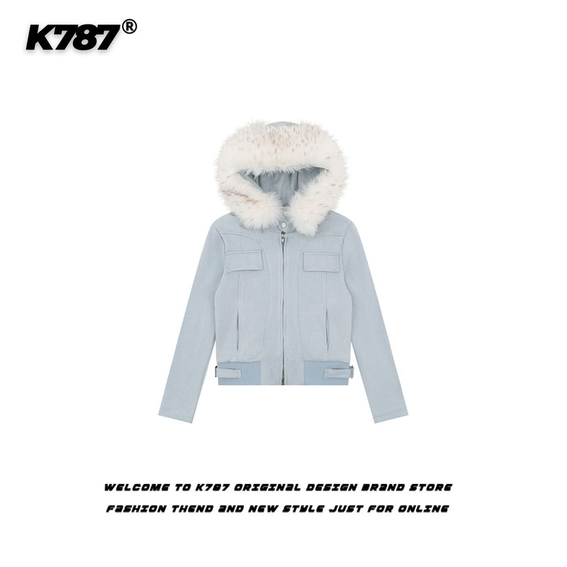 K787 American Casual Style Shoulder-Length Fur Collar Hooded Jacket for Women, Sweet and Spicy Suede Casual Smog Blue Short Jacket