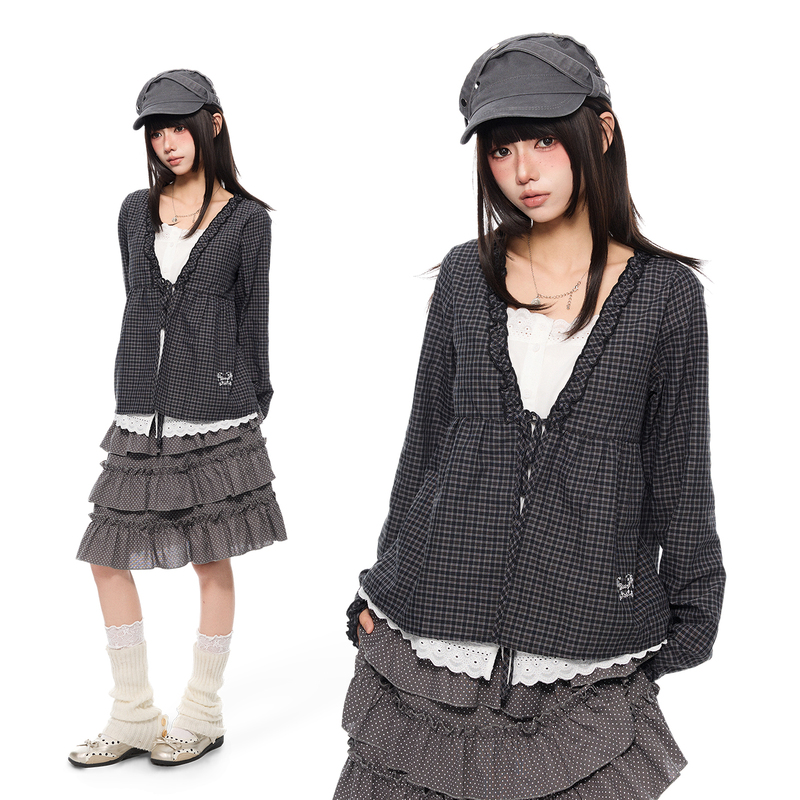 K787 Houndstooth Pattern Korean Style Ruffled Fake Two-Piece Lace Spliced Long-Sleeve T-Shirt for Women, Thin Sun-Protective Jacket