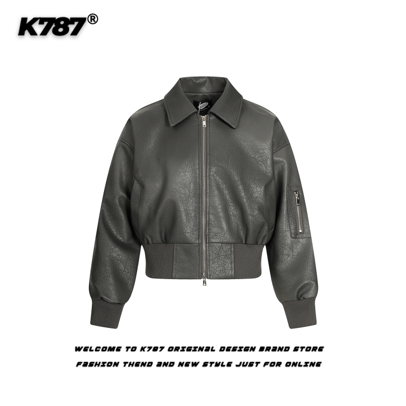 K787 American Retro Silhouette Lapel Jacket for Men and Women, Loose Sweet Cool Biker Style Pu Leather Trendy Short Jacket