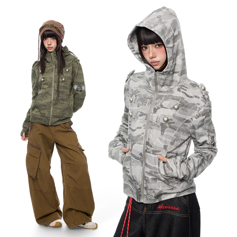K787 Camouflage Napoleon American-Style Workwear Round Button Stand-Up Collar Hooded Jacket Unisex Pilot Sweatshirt Jacket K787 Camouflage Napoleon American-Style Workwear Round Button Stand-Up Collar Hooded Jacket Unisex Pilot Sweatshirt Jacket