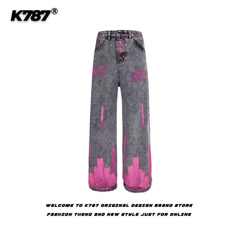 Kkyesiou American-Style Trendy Dopamine Powder Spray-Painted Jeans for Men and Women, Casual Hip-Hop Retro High-Waisted Straight-Leg Pants