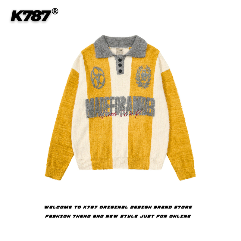 K787 American Retro Color-Block Striped Lapel Sweater Unisex Trendy Casual Lazy Style Soft and Youthful Knitwear K787 American Retro Color-Block Striped Lapel Sweater Unisex Trendy Casual Lazy Style Soft and Youthful Knitwear