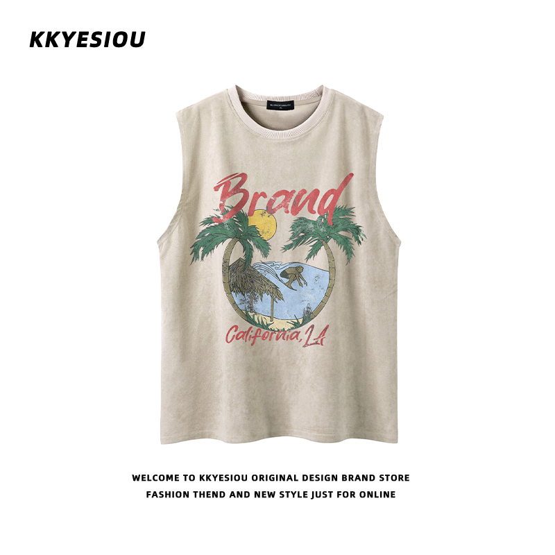 Kkyesiou American Retro Casual Printed Vest Unisex Suede Trendy Brand ins Couple Sweatshirt T-Shirt