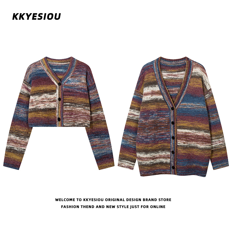Kkyesiou American Retro Ethnic Style Stripesd V-Neck Knitted Cardigan for Men and Women Vintage Couple Sweater Jacket