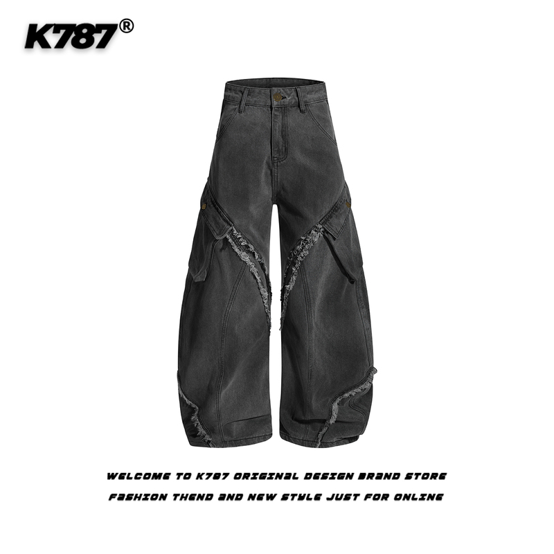 K787 American Retro Distressed Frayed Hem Scimitar Jeans Unisex Loose Fit National Trend Deconstructed Multi-Pocket Wide-Leg Pants