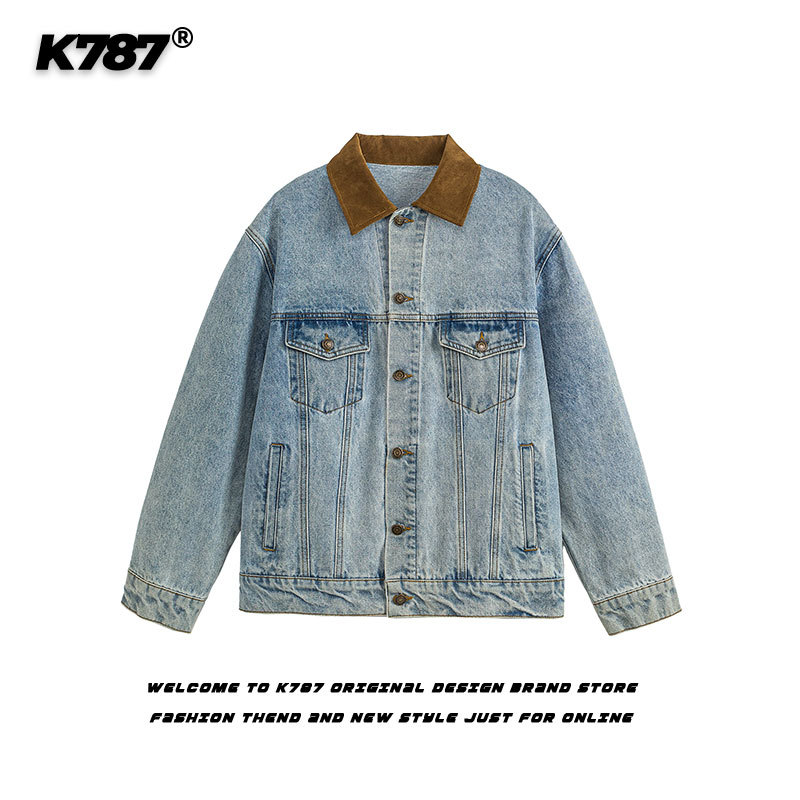 K787 American Retro Washed Distressed Contrasting Lapel Denim Jacket for Men and Women Baen Style Versatile Work Jacket