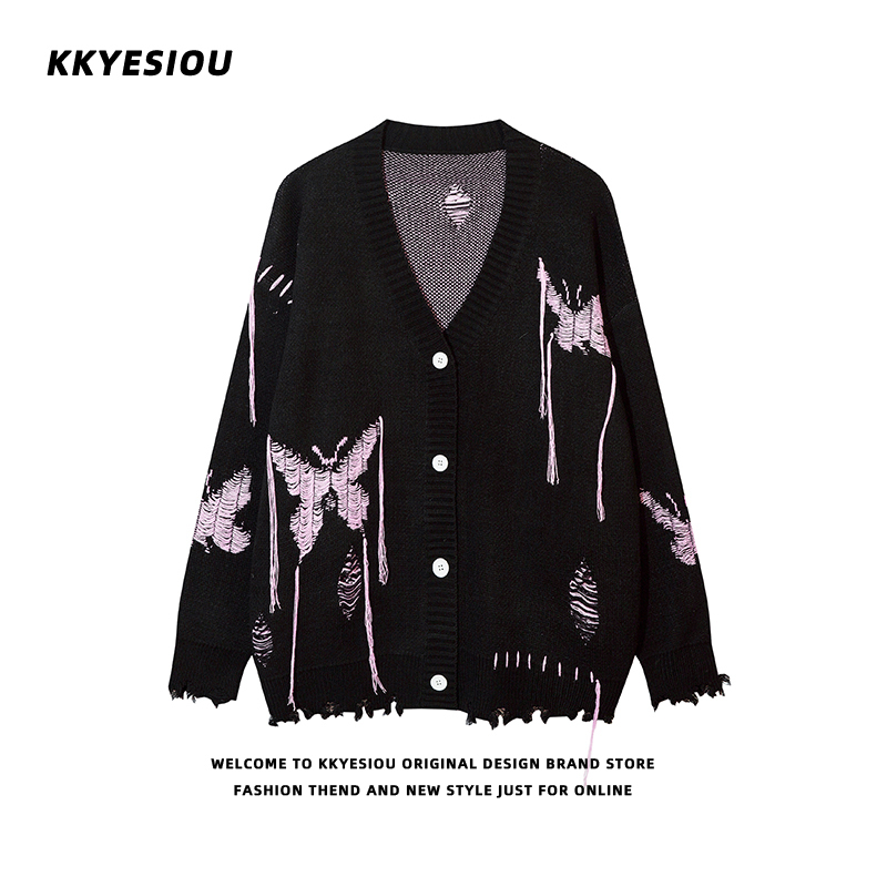 Kkyesiou American Retro Butterfly Color-Blocking Lazy Style Couple Sweater Men and Women Oversize Knitwear Jacket