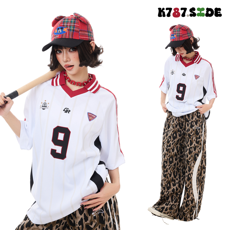 K787 American Street Style Striped Lapel Short-Sleeve T-Shirt for Men and Women, Loose and Versatile Sports Jersey Design Polo Shirt