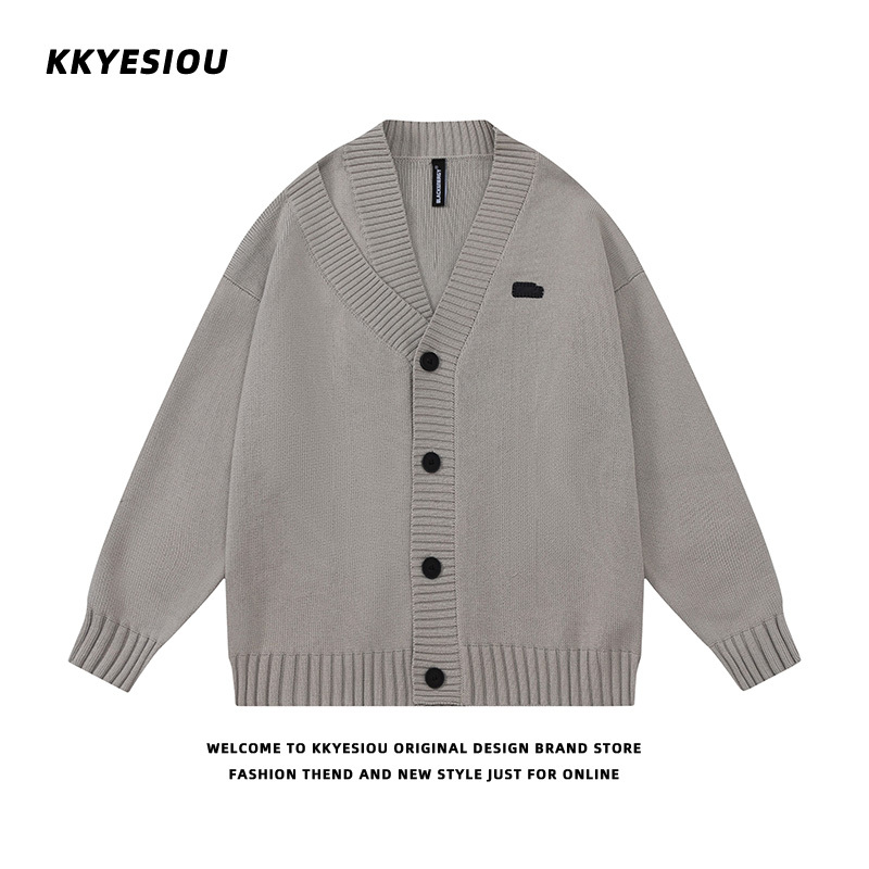 Kkyesiou American Retro Trendy Brand Irregular V-Neck Knitted Cardigan Unisex College Style Gray Sweater Jacket