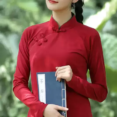 Qiushui Ballad original (Fangcao)stretch cotton T-shirt women's long-sleeved Chinese cheongsam top spring and autumn bottoming shirt Thank you