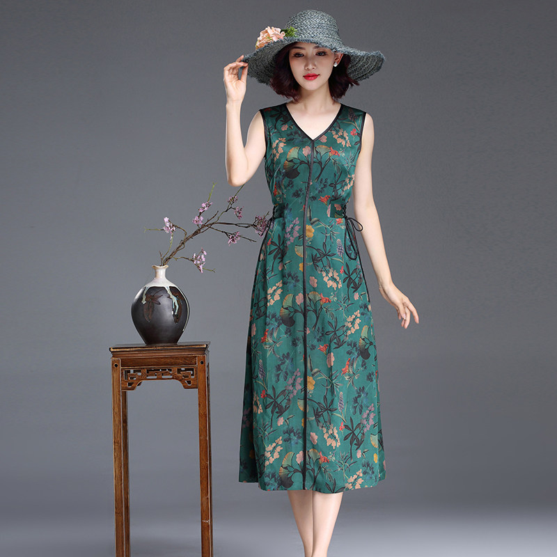 Autumn Water Ballad (Yunsong Yin) Summer New Heavy Silk Xiangyun Dress Women's Drawstring Waist Sleeveless Dress