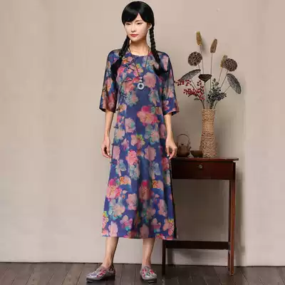 Qiushui ballad original Chinese retro heavy satin silk Xiangyun yarn cheongsam loose three-point sleeve long version dress female