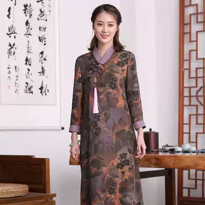 Qiushui ballad original (Zimo spring grass)Chinese style women's twill silk cheongsam Xiangyun yarn dress long sleeve