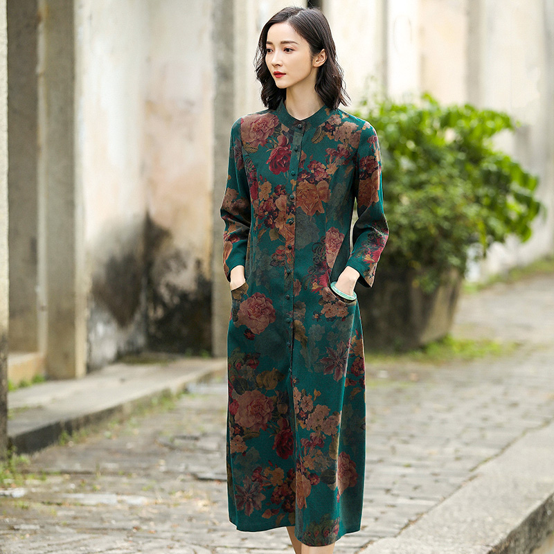 Autumn Water Ballad Original Shirt Style Foreign Dress Women Stand New Long Sleeves Chinese Display Slim Silk Spun Real Silk Fragrant Cloud Yarn Long Dresses