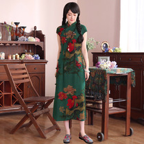 Gu Chunlan two autumn water ballad original heavy silk fragrant cloud yarn silk spinning short sleeve neoclassical cheongsam
