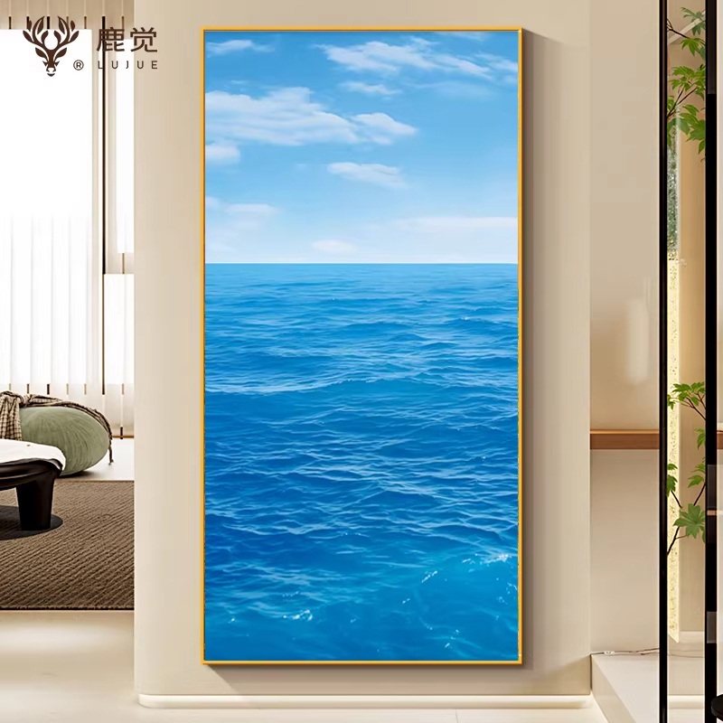 Vertical Version of Sea, Ocean, Blue Sky, White Clouds, Seascape Painting, Natural Scenery, Living Room Entrance Decoration Painting, Home Mural, Wall Painting