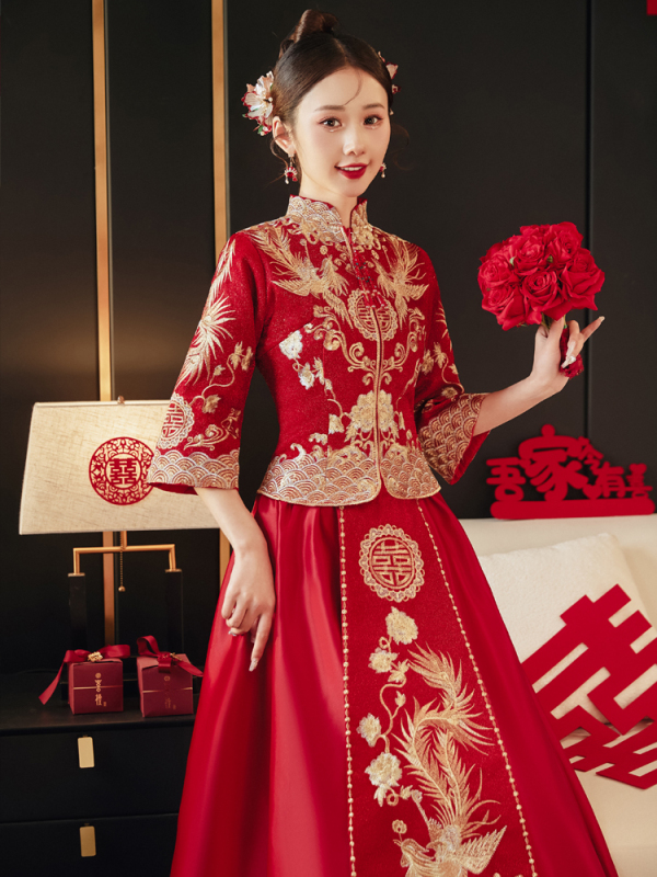Xiuhe Dress for Bride 2025 New Chinese-Style Wedding Dress for the Bride to Wear When Leaving the Bride's House and Toasting, Slimming for Petite Figures, New Style Xiuhe Dress for Autumn