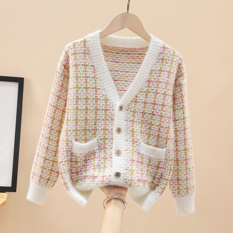 Girls cardigan sweater big children mink velvet children's knitted sweater woven jacket spring and autumn sweater sweater girl