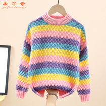 Girls sweater autumn and winter new knitted sweater plus velvet thickened round neck top for big children