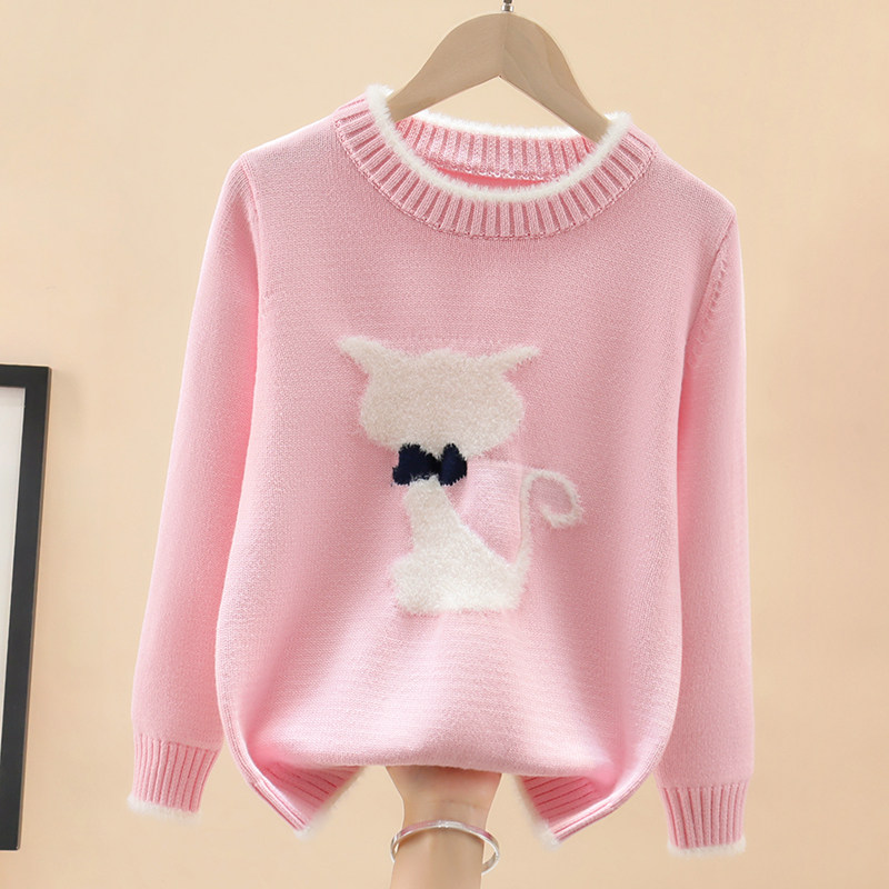 Girls sweater autumn and winter children's middle and big boys and girls plus velvet thickened foreign style knitted sweater pure cotton sweater sweater