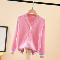 Girls Knitted Cardigan Cotton Sweater 2021 New Spring and Autumn Solid Color Top Coat Big Boys Korean Style Western Style