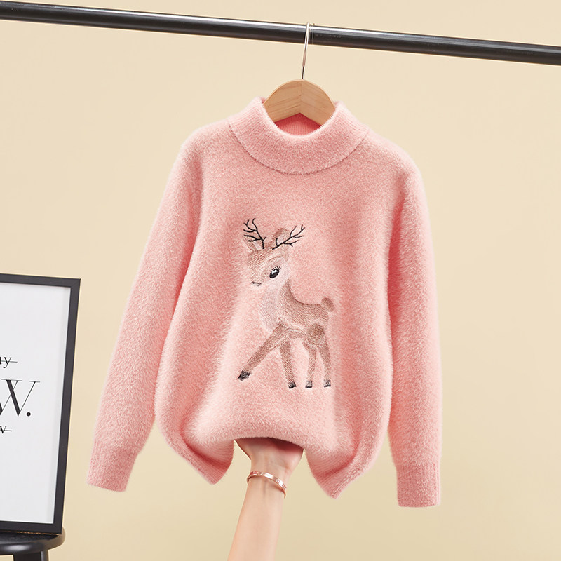 Girls mink velvet ferret pullover sweater children's clothing plus velvet thickened warm tops for babies to wear outside