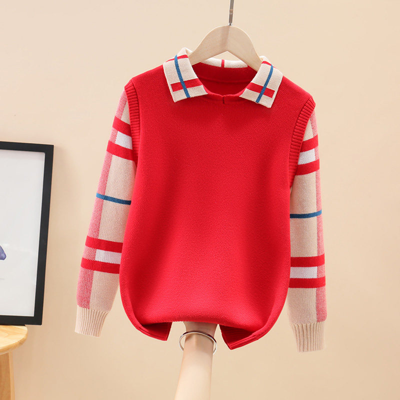 Girls' pullover sweater new 2021 hot style female middle school big children autumn and winter cotton knit sweater lapel Korean style foreign style - Taobao