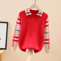 Girls pullover sweater new style 2021 hot style female middle school big children autumn and winter pure cotton sweater lapel Korean style foreign style