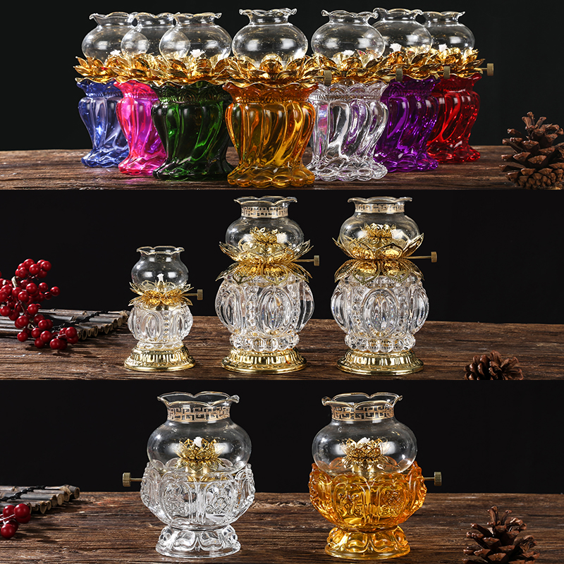 Seven-color lotus lamp Home temple windproof long Ming light for lamp liquid ghee lamp Buddha's front glazed crystal dimmer light