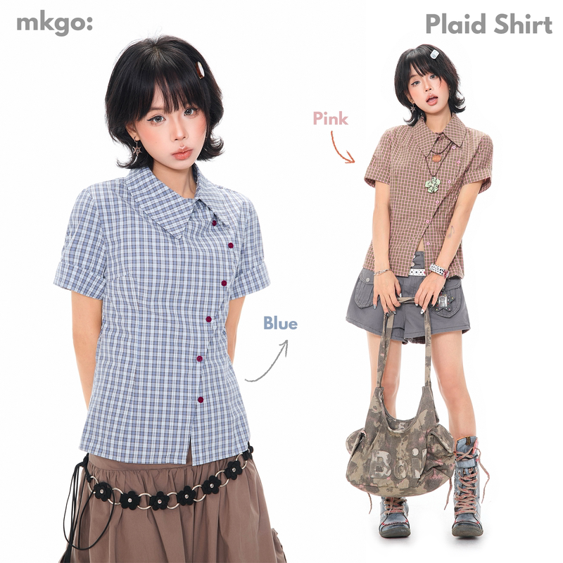 Mkgo Korean Retro Plaid Asymmetrical Shoulder Short-Sleeved Shirt for Women, Summer Design, Slim-Fitting Short Top