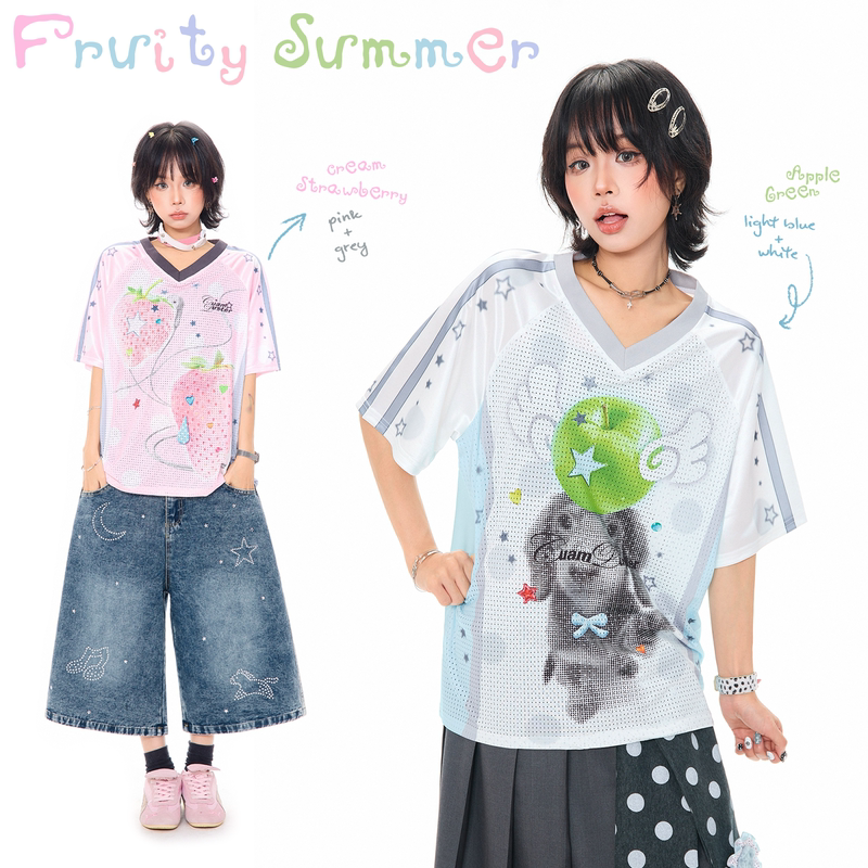 Mkgo Korean Style Girl Puppy Fruit V-Neck Jersey Short-Sleeved T-Shirt for Women Summer Light Asian Style Breathable Loose Top