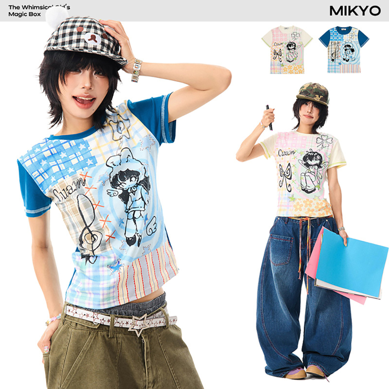 Mikyo American-Style Hand-Painted Cartoon Color-Blocked Regular Shoulder Short-Sleeve T-Shirt for Women, Summer Design, Slim-Fit Short Y2K Top Mikyo American-Style Hand-Painted Cartoon Color-Blocked Regular Shoulder Short-Sleeve T-Shirt for Women, Summer Design, Slim-Fit Short Y2K Top
