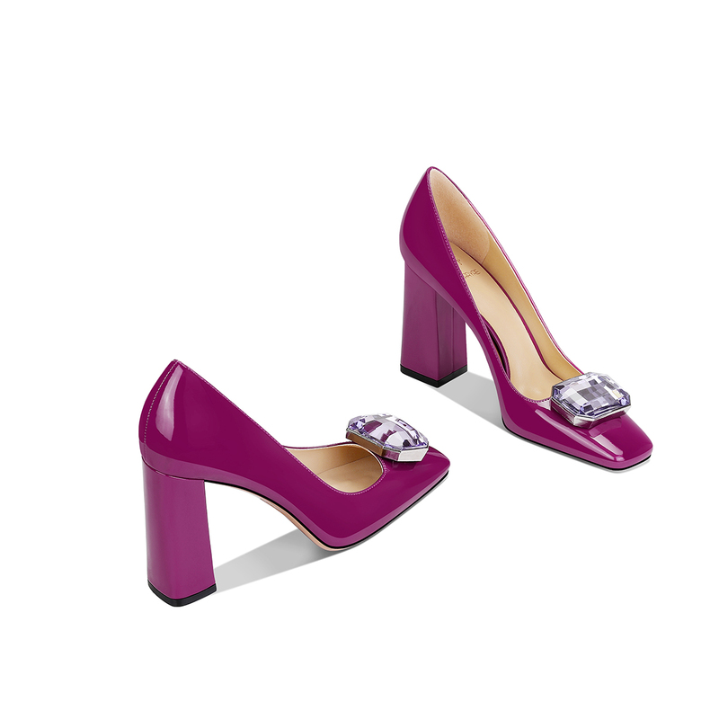 Square-Toe Chunky High Heels for Women, Purple, 2026 Spring/Summer New Style, Niche Design, Genuine Leather, Comfortable, with Rhinestones