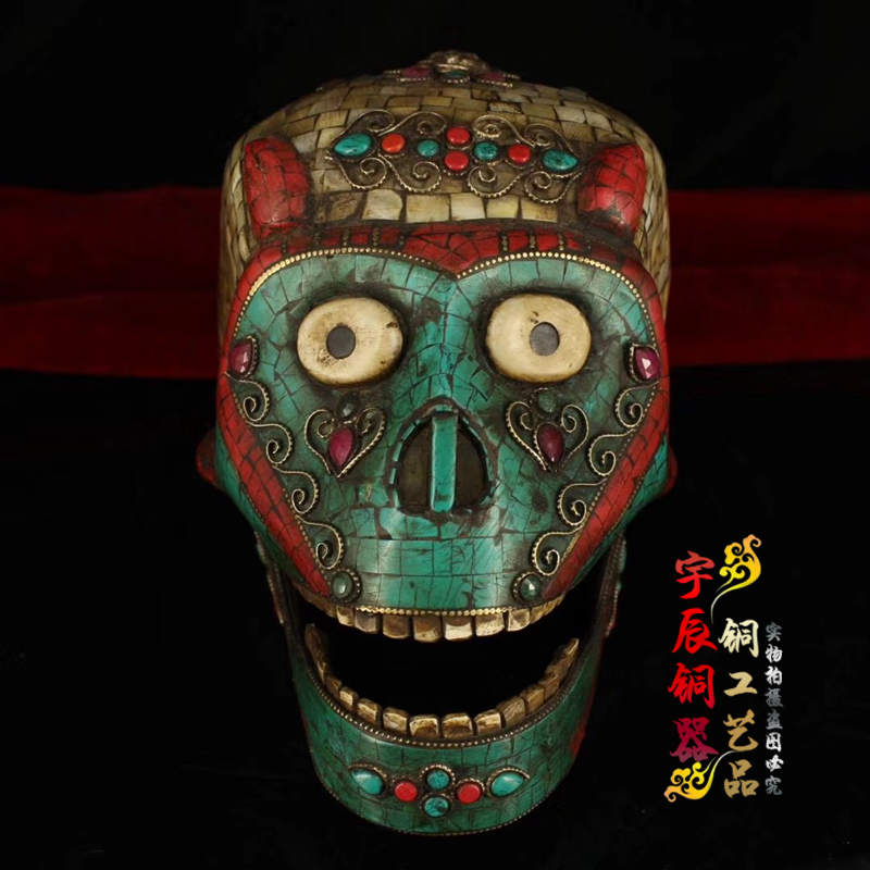 Nepalese process of pure copper hand-made embedded gemstone shell monkey head mask