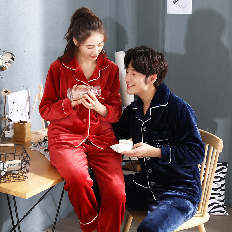 Đồ ngủ nữ mùa thu và mùa đông Hàn Quốc lông cừu san hô dày nam cardigan dễ thương chất béo mm flannel phù hợp với cặp đôi đồ mặc nhà cao cấp